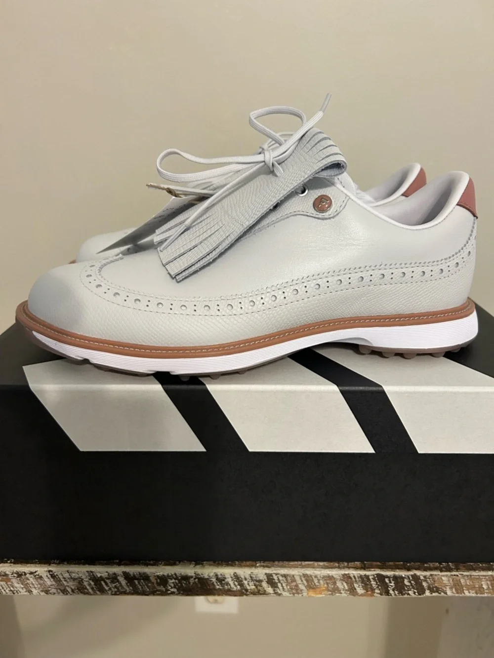adidas White Leather Kiltie Wingtip Loafers with Tan Welt